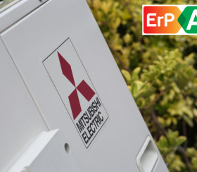 Mitsubishi Electric logo on an Ecodan A++ unit